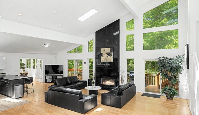 Modern Stream-front property with hot tub.
